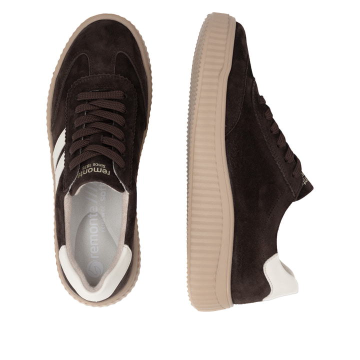 Dunkelbraune remonte Damen Sneaker D3E00-25 mit lightsole+ sowie einer Schnürung. Schuh von oben, liegend.