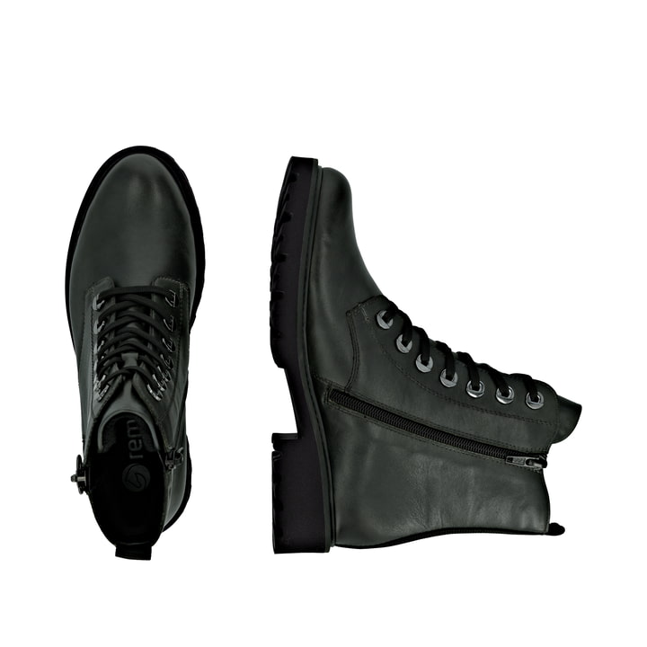Dunkelgrüne remonte Damen Schnürstiefel D8671-56 mit einem Reißverschluss. Schuh von oben, liegend.