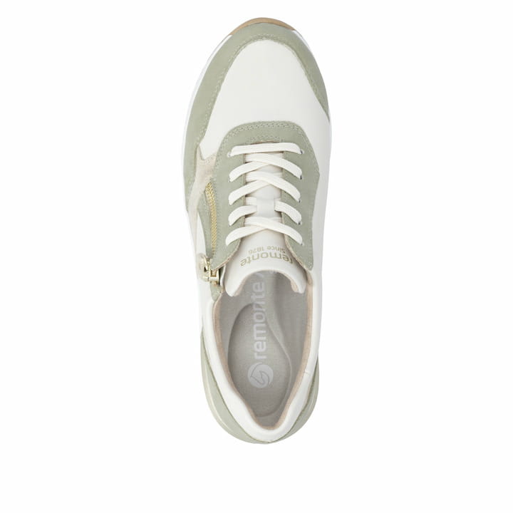Grünweiße vegane remonte Damen Sneaker D0T01-82 mit einem Reißverschluss. Schuh von oben.