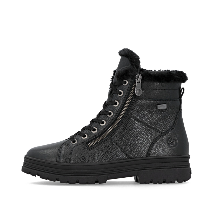 Schwarze remonte Damen Schnürstiefel D2U73-00 mit griffiger Glass-Fibre Sohle. Schuh Außenseite.