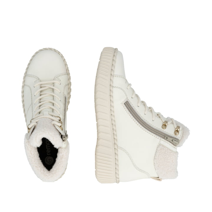 Weiße remonte Damen Schnürstiefel D4A74-80 mit wasserabweisender TEX-Membran. Schuh von oben, liegend.
