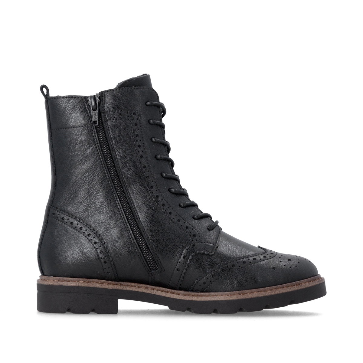 Schwarze remonte Damen Schnürstiefel D2Q73-00 mit einem Reißverschluss. Schuh Innenseite.