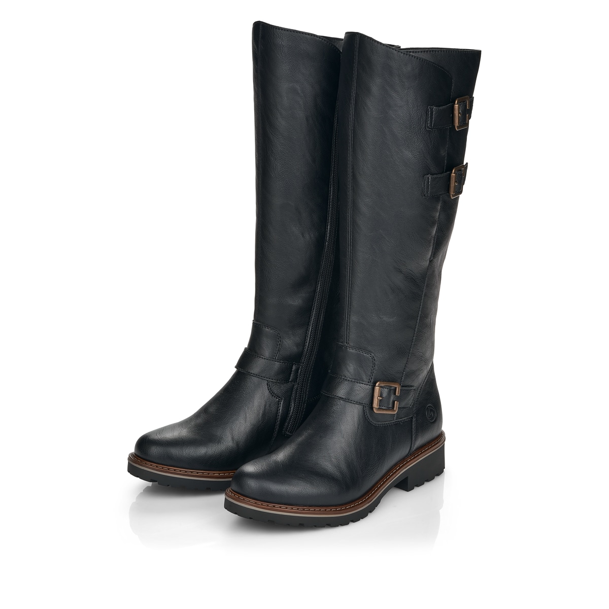Nachtschwarze remonte Damen Hochschaftstiefel R6590-01 mit einer Profilsohle. Schuhpaar schräg.