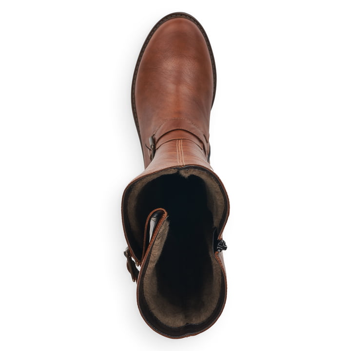 Braune remonte Hochschaftstiefel R6590-22 mit einem Reißverschluss. Schuh von oben.