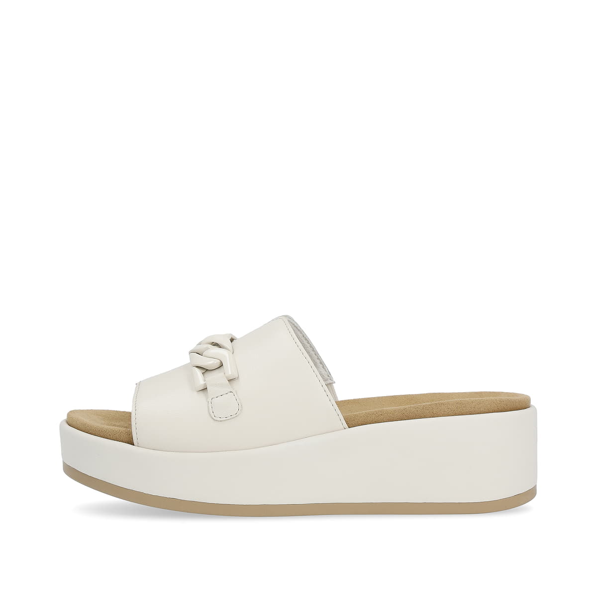 Vanillebeige remonte Damen Pantoletten D1N51-80 mit modischer Kette. Schuh Außenseite.