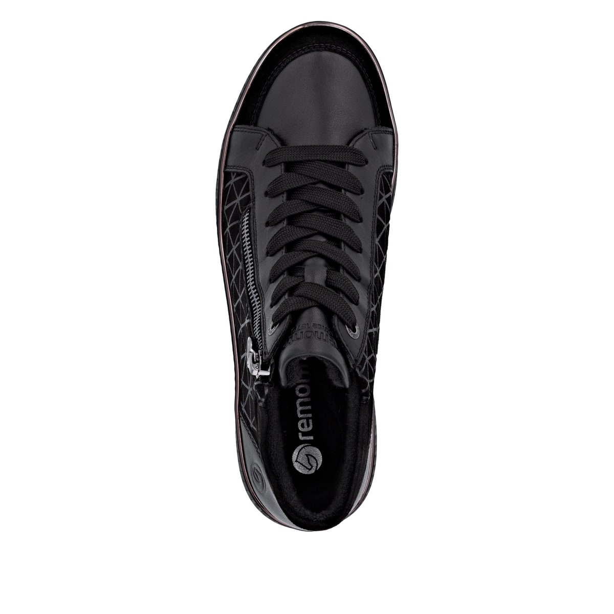 Schwarze remonte Damen Sneaker D2E70-00 mit Reißverschluss sowie Komfortweite G. Schuh von oben.