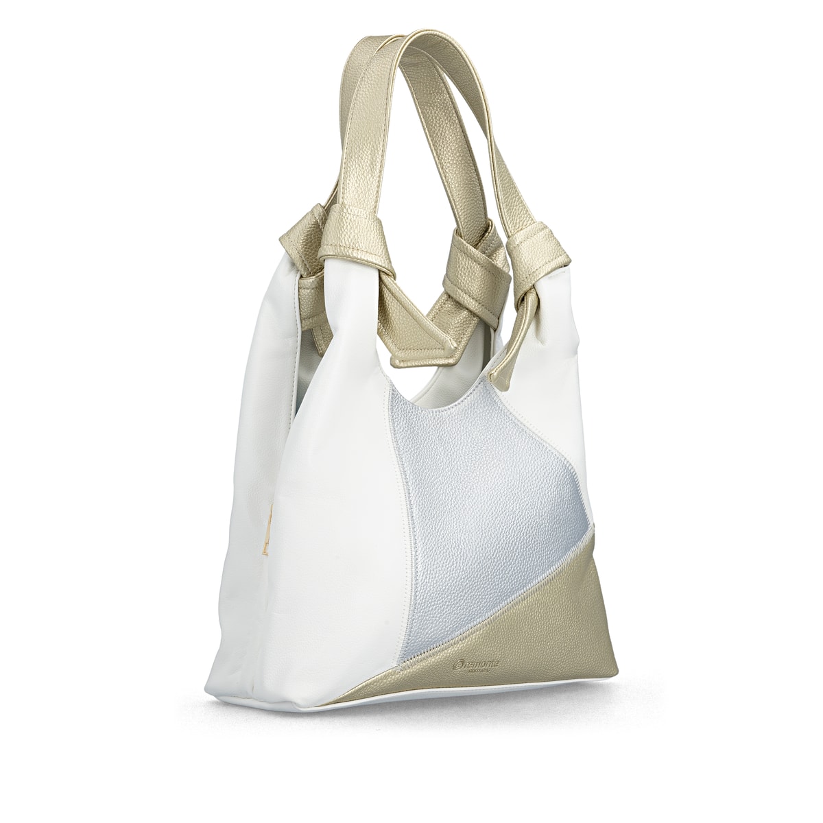 Sac à main remonte Q0720-82 blanc avec effets métalliques et fermeture éclair. Côté gauche.