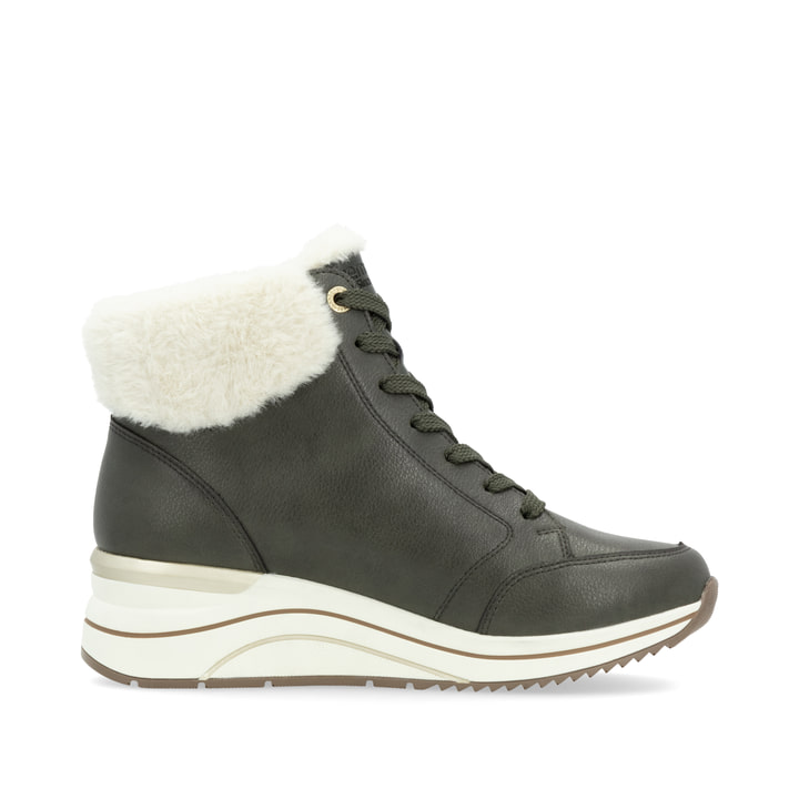 Grüne remonte Damen Schnürstiefel D0T77-52 mit wasserabweisender TEX-Membran. Schuh von hinten.