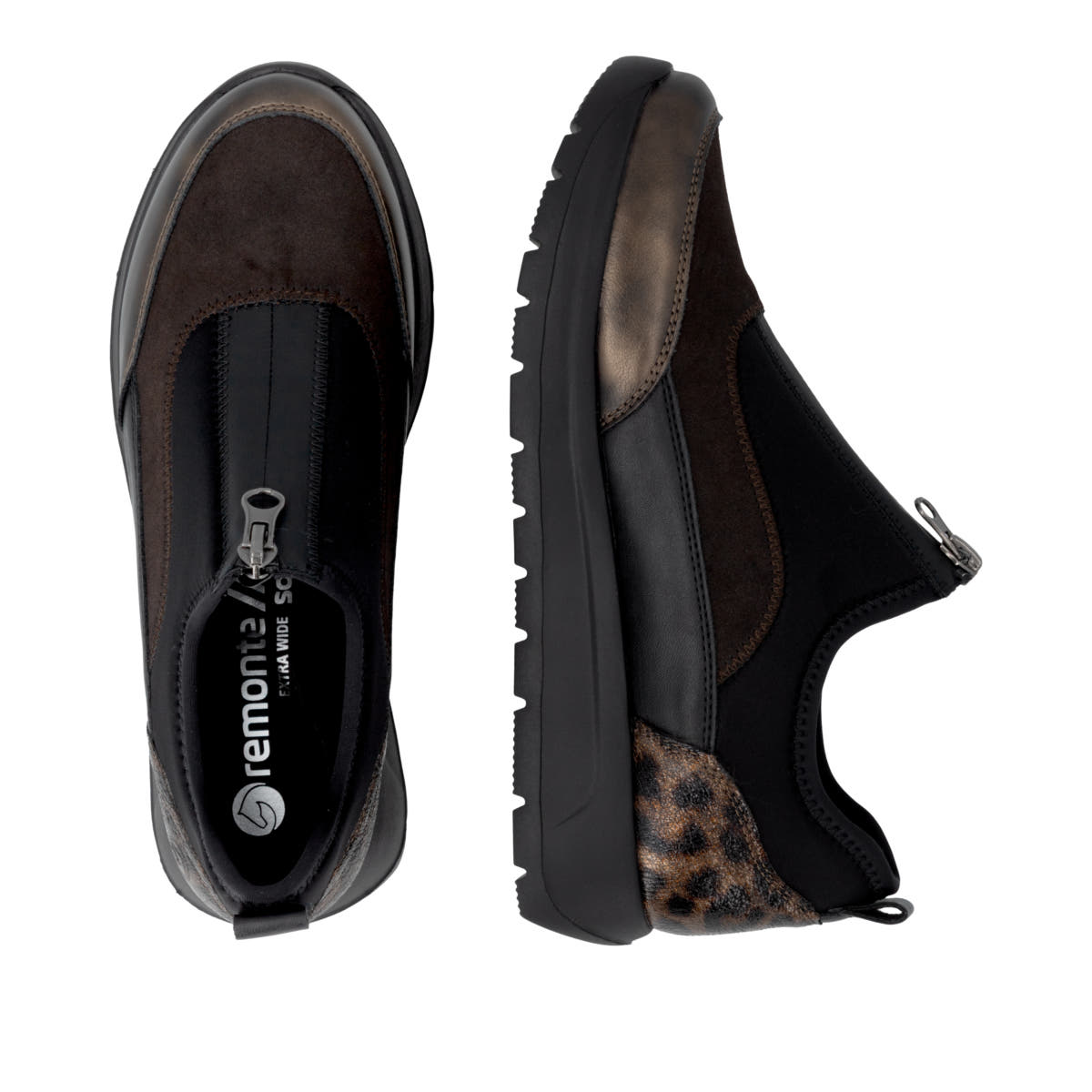 Vegane, schwarz-bronzene remonte Damen Slipper D2V01-05 mit der lightsole+. Schuh von oben, liegend.