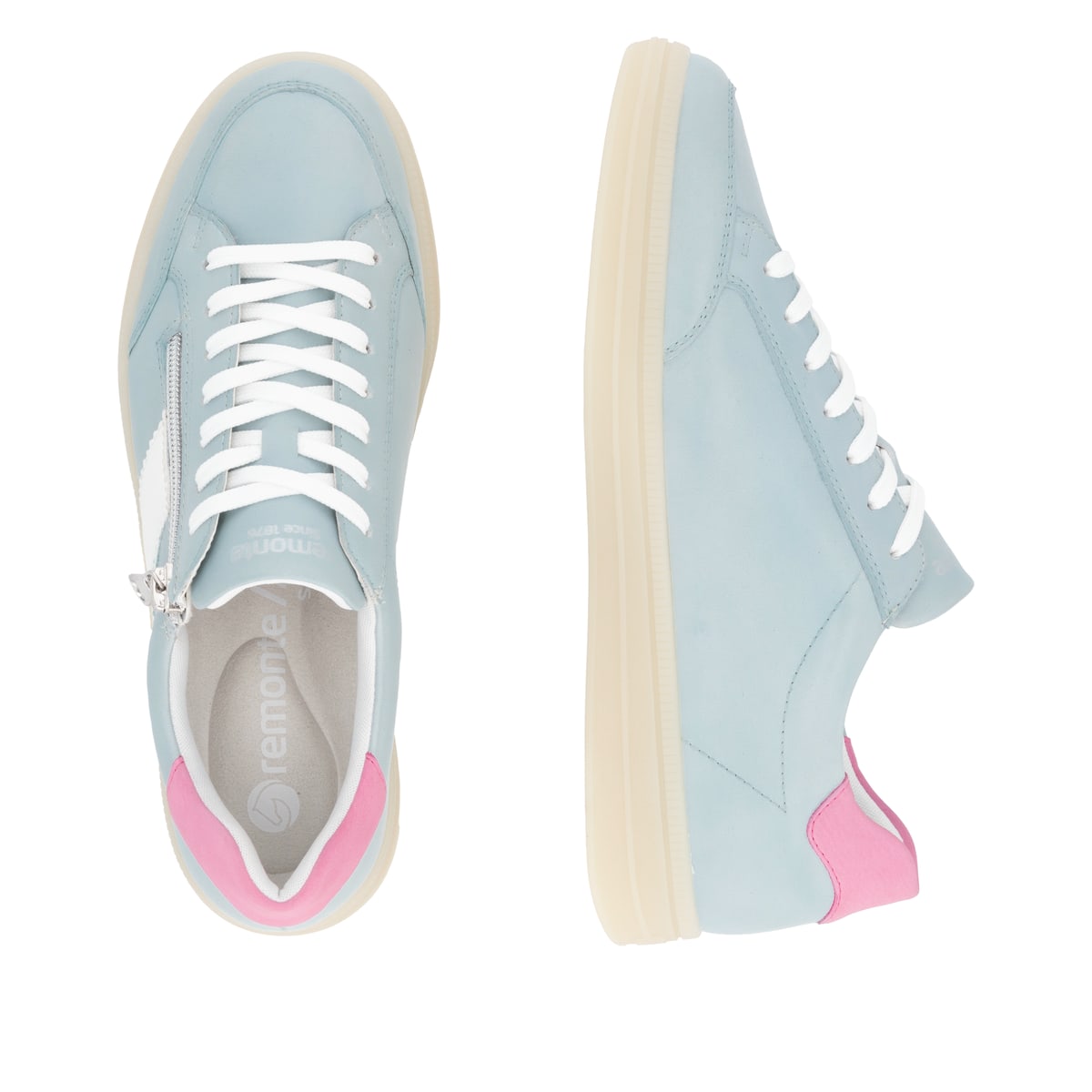 Blaue remonte Damen Sneaker Low D2C02-12 mit Reißverschluss sowie Komfortweite G. Schuh von oben, liegend.