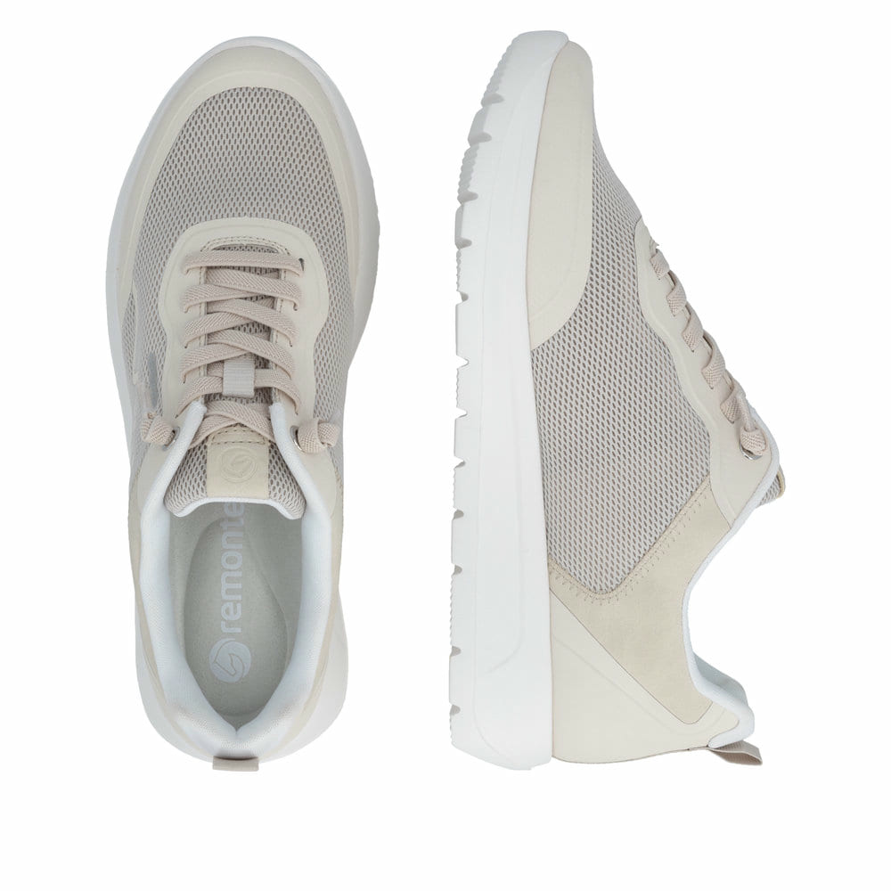 Mocassins remonte beiges pour femme D2V04-60 avec bande élastique. Chaussure vue de dessus, couchée.