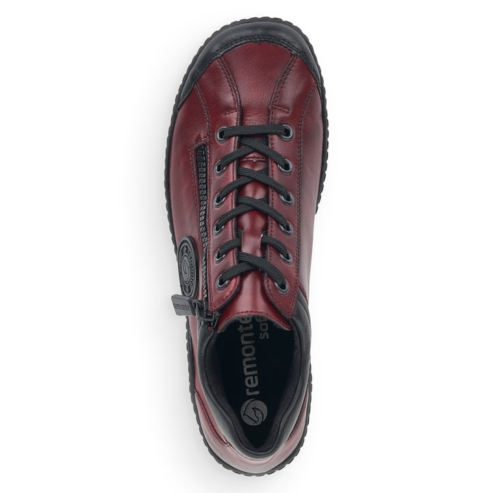 Weinrot-schwarze remonte Damen Schnürstiefel R1477-35 mit einem Reißverschluss. Schuh von oben.