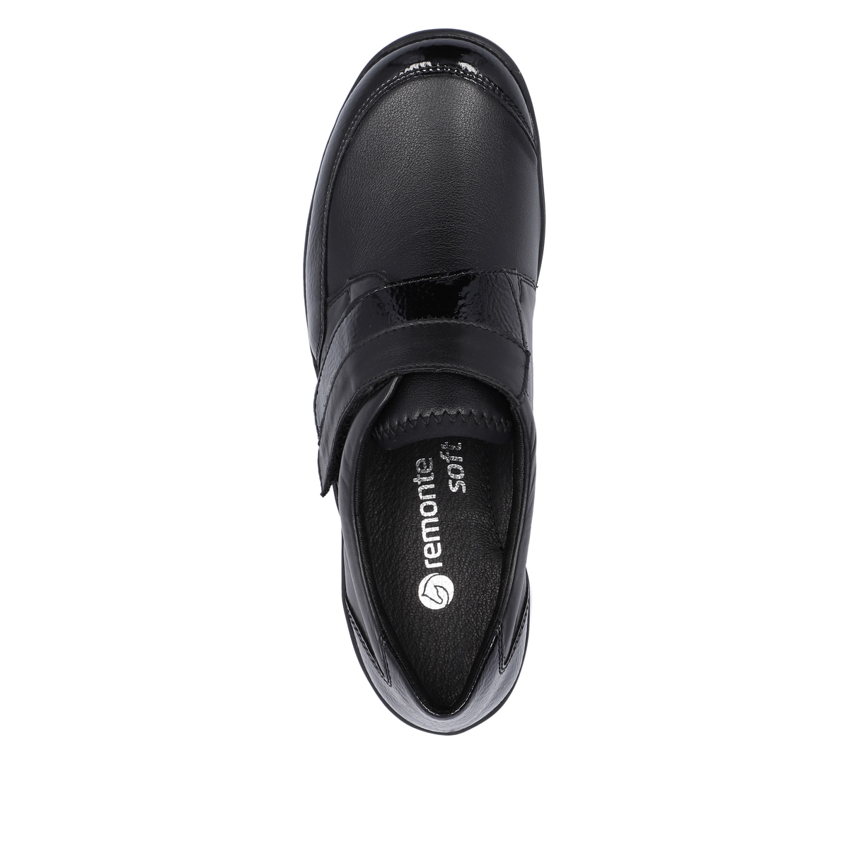 Mocassins remonte noirs pour femme R7600-04 avec fermeture velcro. Semelle extérieure de la chaussure.