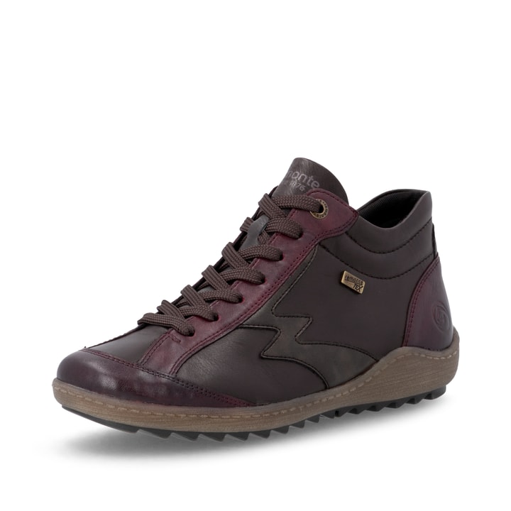 Bordeaux-dunkelbraune remonte Damen Schnürstiefel R1454-27. Schuh seitlich schräg.