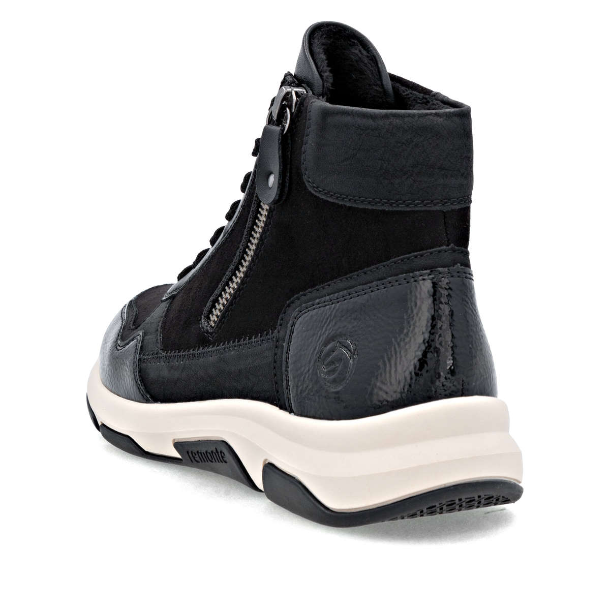 Schwarze remonte Damen Schnürstiefel D1S70-02 mit einem Reißverschluss. Schuh von hinten.