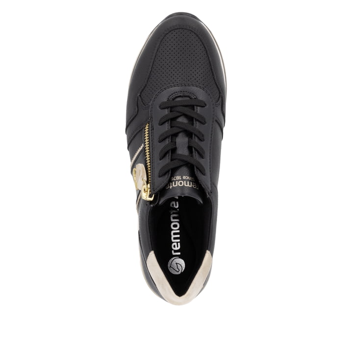 Schwarze remonte Damen Sneaker Low D1327-03 mit einem Reißverschluss. Schuh von oben.