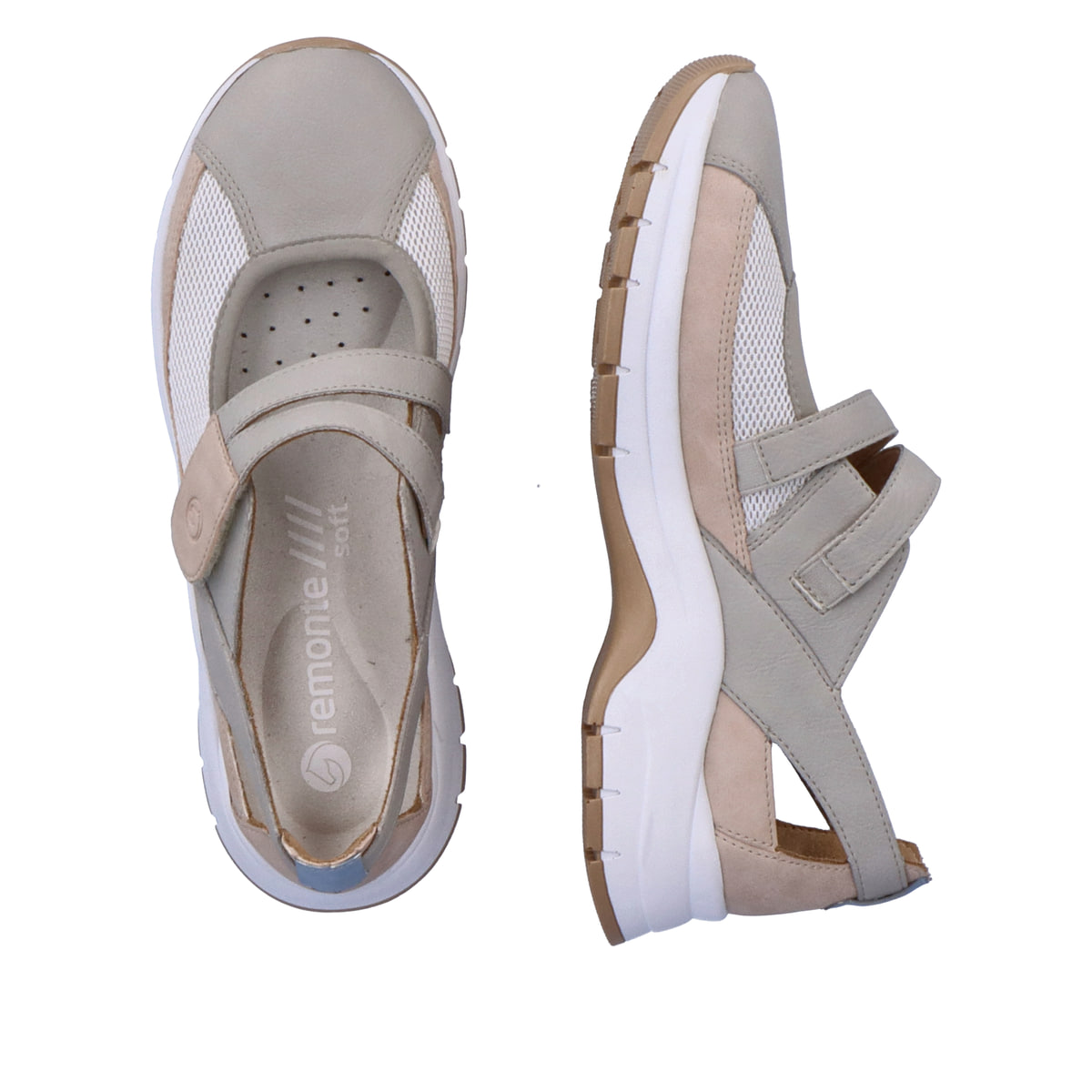 Graue remonte Ballerinas D0G08-40 mit einem Klettverschluss sowie Extraweite H. Schuh von oben, liegend.