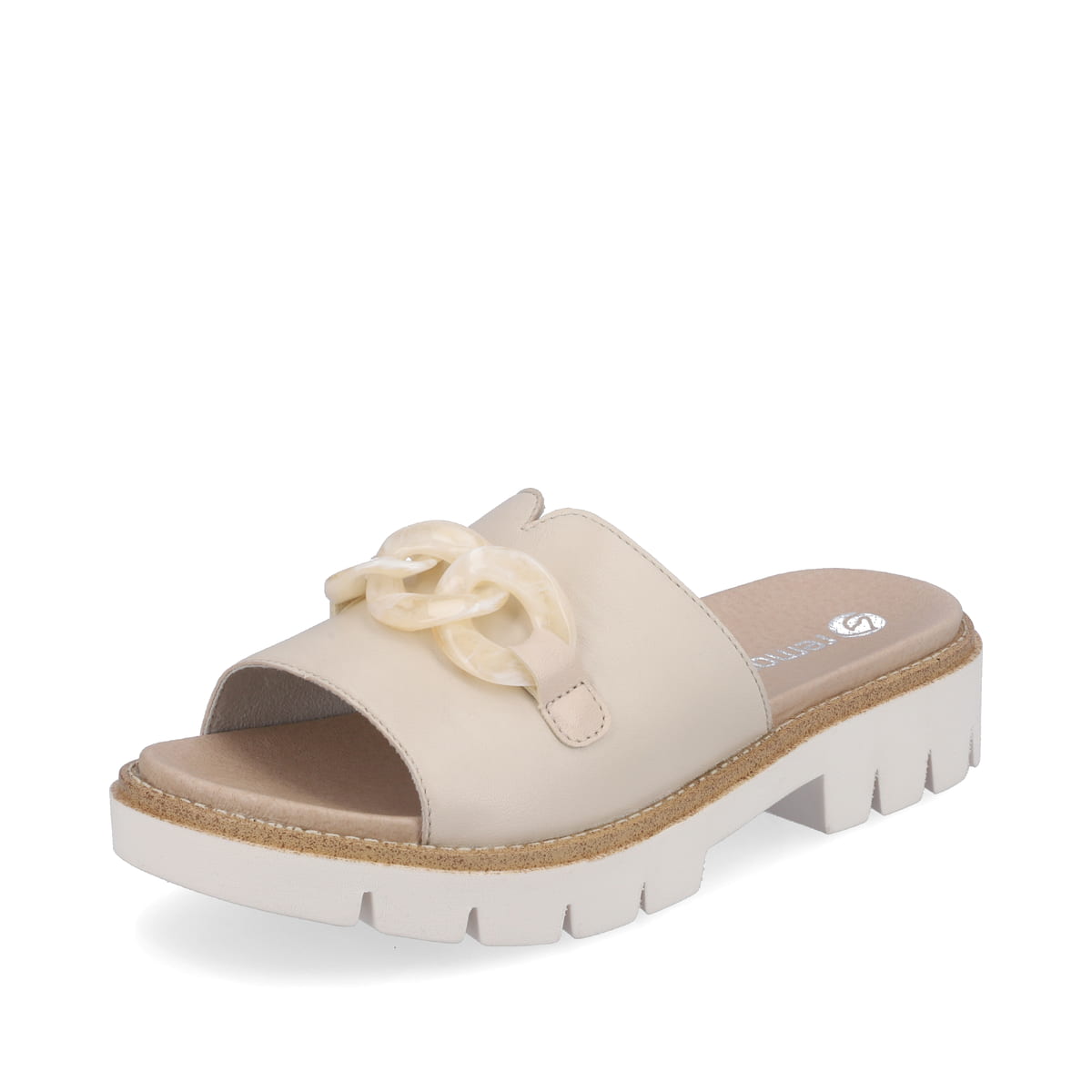 
Cremebeige remonte Damen Pantoletten D7952-60 mit einer leichten und dämpfenden Sohle. Schuh seitlich schräg