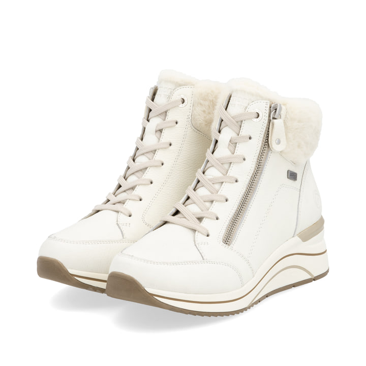 Weiße remonte Damen Schnürstiefel D0T77-80 mit wasserabweisender TEX-Membran. Schuhpaar seitlich schräg.
