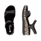 Schwarze remonte Keilsandaletten D2P52-00 mit einem Klettverschluss. Schuh von oben, liegend.