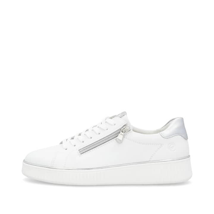 Weiße remonte Damen Sneaker Low D2E01-80 mit Reißverschluss sowie Komfortweite G. Schuh Außenseite.