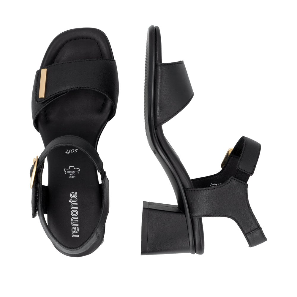 Schwarze remonte Riemchensandaletten D1K54-00 mit einem Klettverschluss. Schuh von oben, liegend.
