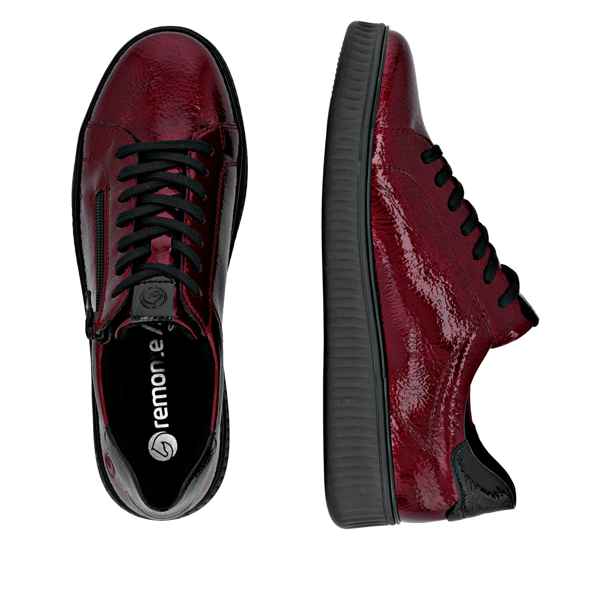 Rote remonte Damen Sneaker D2E01-33 mit Reißverschluss sowie der Komfortweite G. Schuh von oben, liegend.