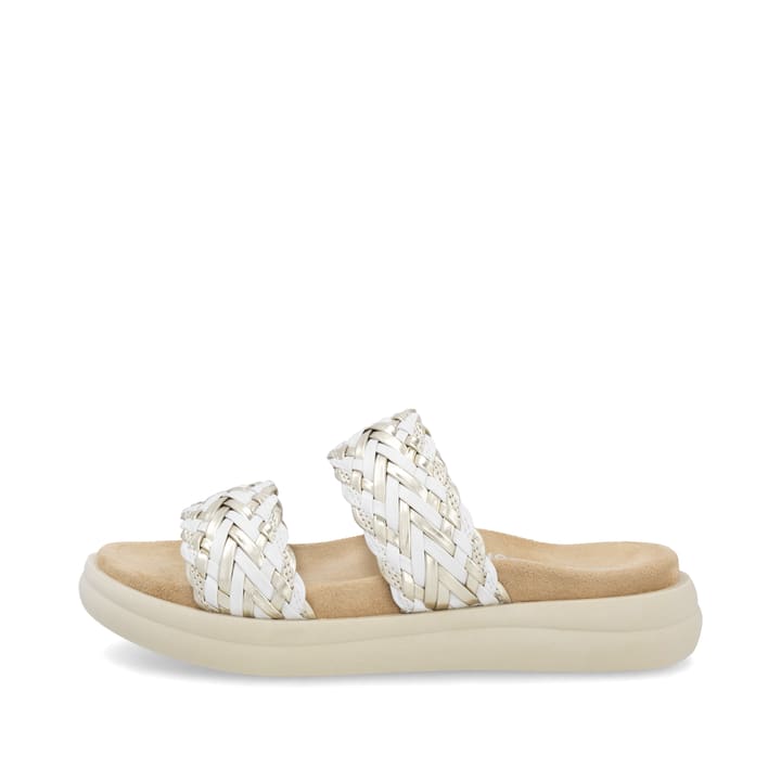 Weiße vegane remonte Damen Pantoletten D2N52-80 mit einem Gummizug. Schuh Außenseite.