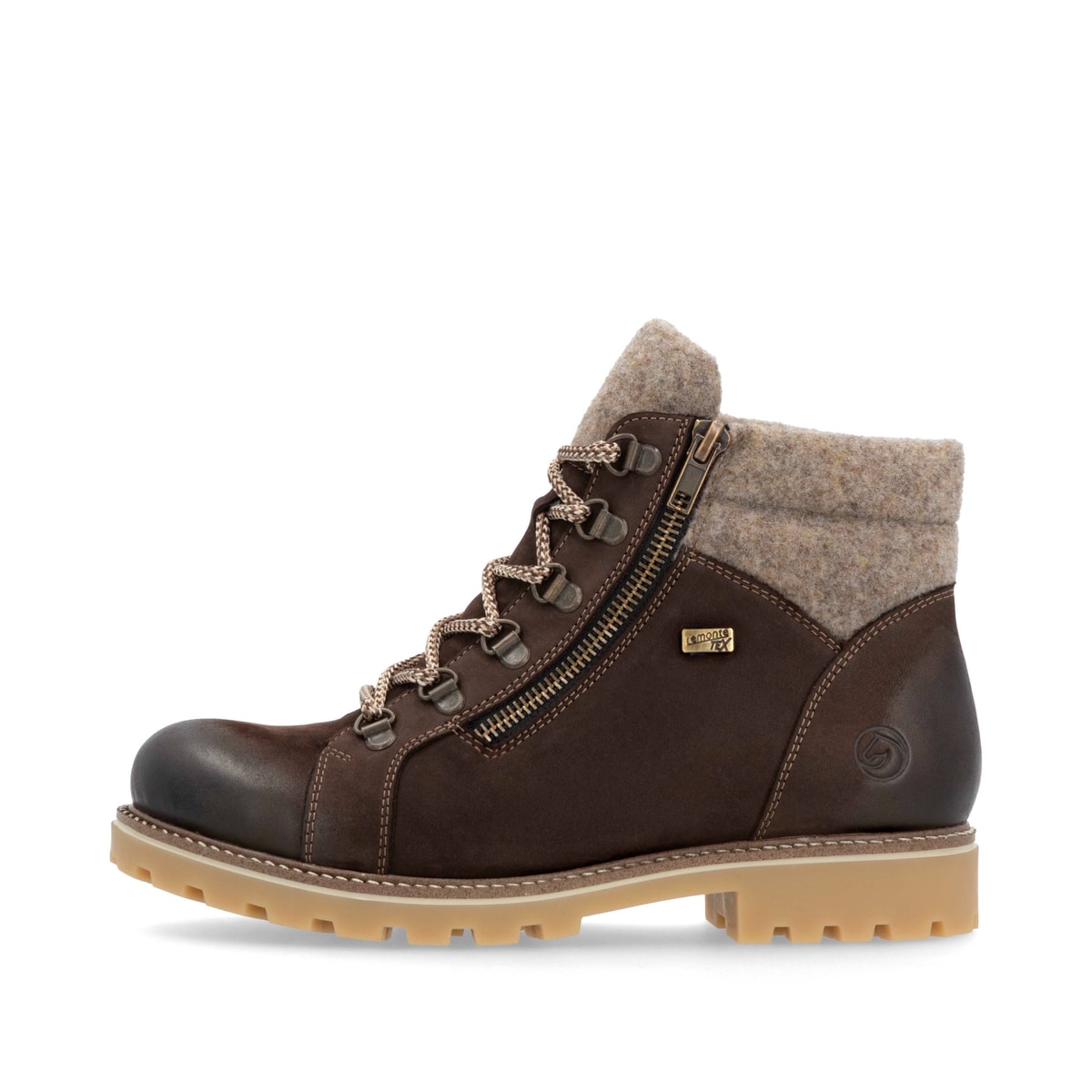 Braune remonte Damen Schnürstiefel D7478-25 mit wasserabweisender TEX-Membran. Schuh Außenseite.