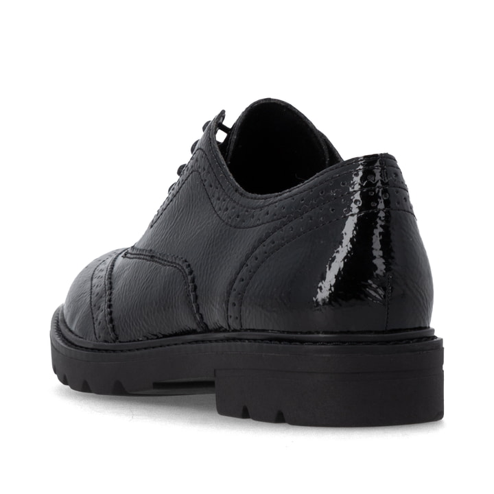 Schwarze remonte Damen Schnürschuhe D2Q04-02 mit einer gepolsterten Einlegesohle. Schuh von hinten.