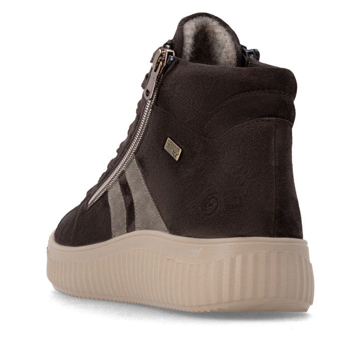 Dunkelbraune remonte Damen Sneaker D3E70-25 mit wasserabweisender TEX-Membran. Schuh von hinten.