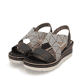 Schwarze remonte Keilsandaletten D2L54-03 mit Gummizug sowie weicher Innensohle. Schuhpaar seitlich schräg.