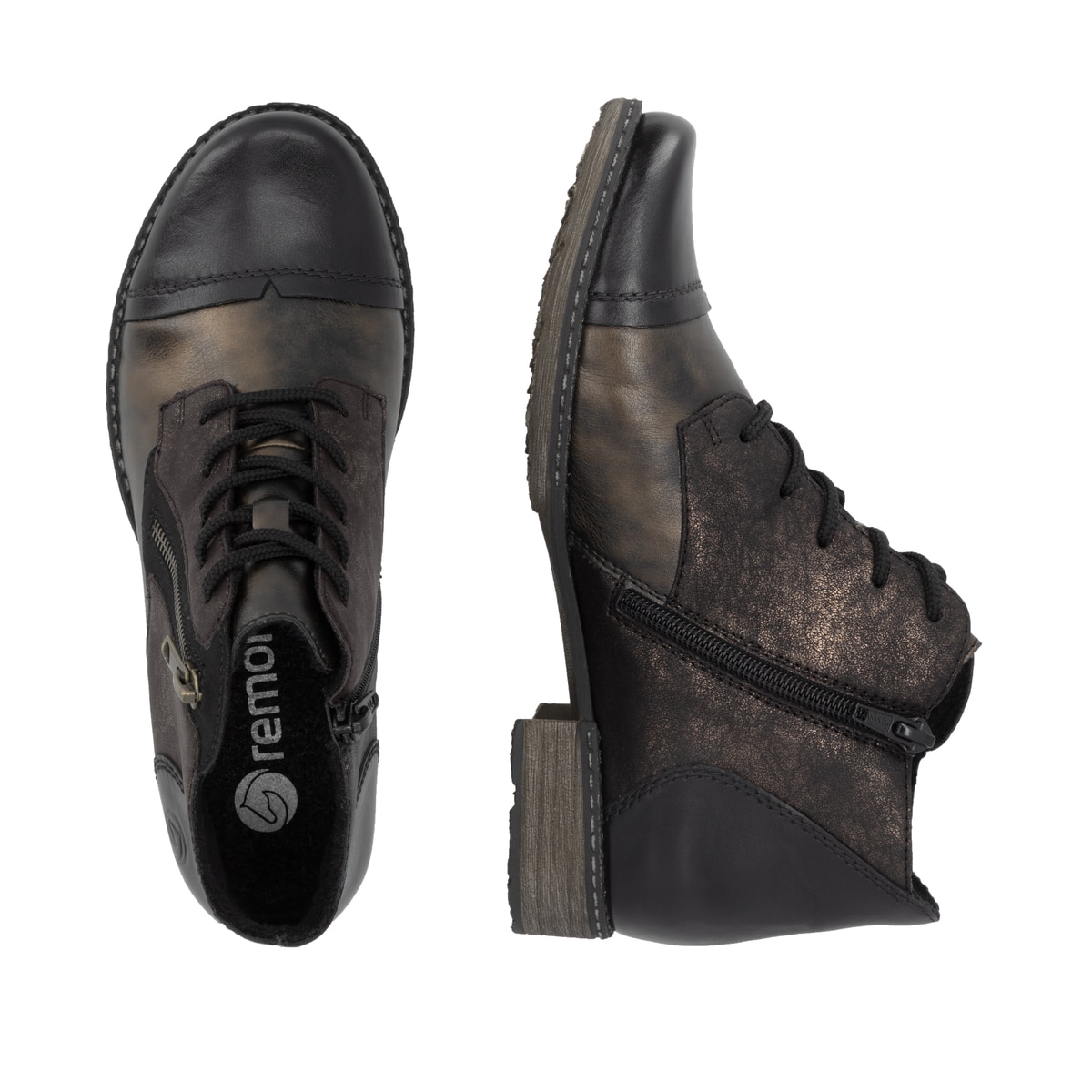 Bronze-dunkelbraune remonte Damen Schnürstiefel D4378-91 mit auffälligem Muster. Schuh von oben, liegend.