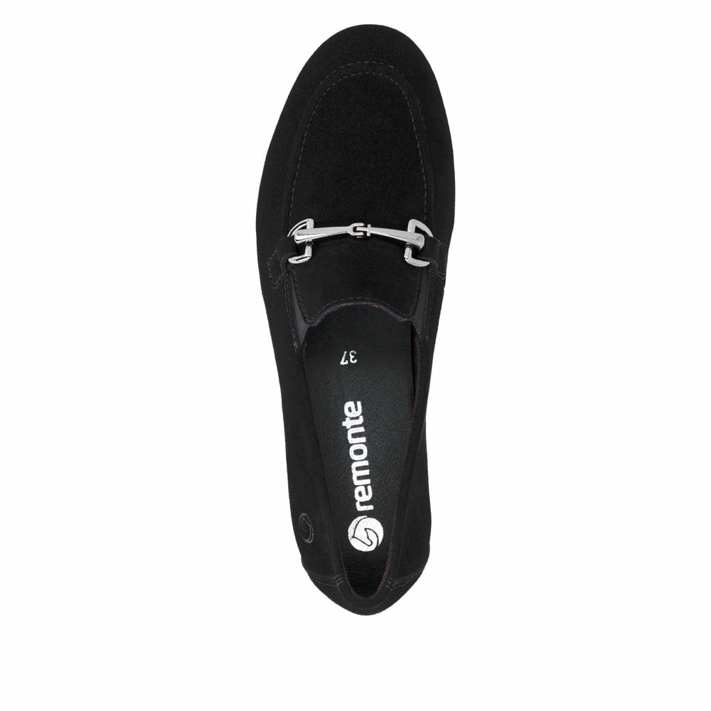Mocassins remonte noirs pour femme D0K13-02 avec bande élastique. Chaussure vue de dessus.