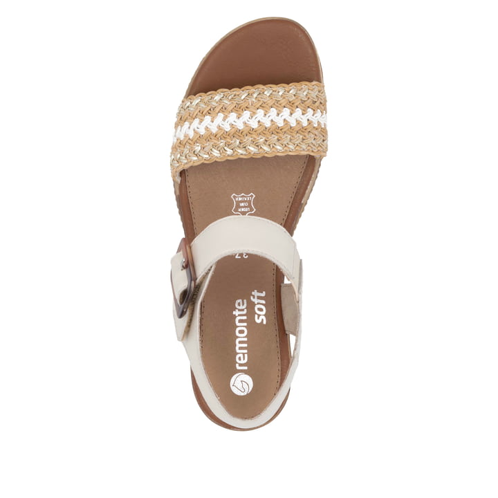 Beige remonte Keilsandaletten D2L55-60 mit einem Klettverschluss. Schuh von oben.