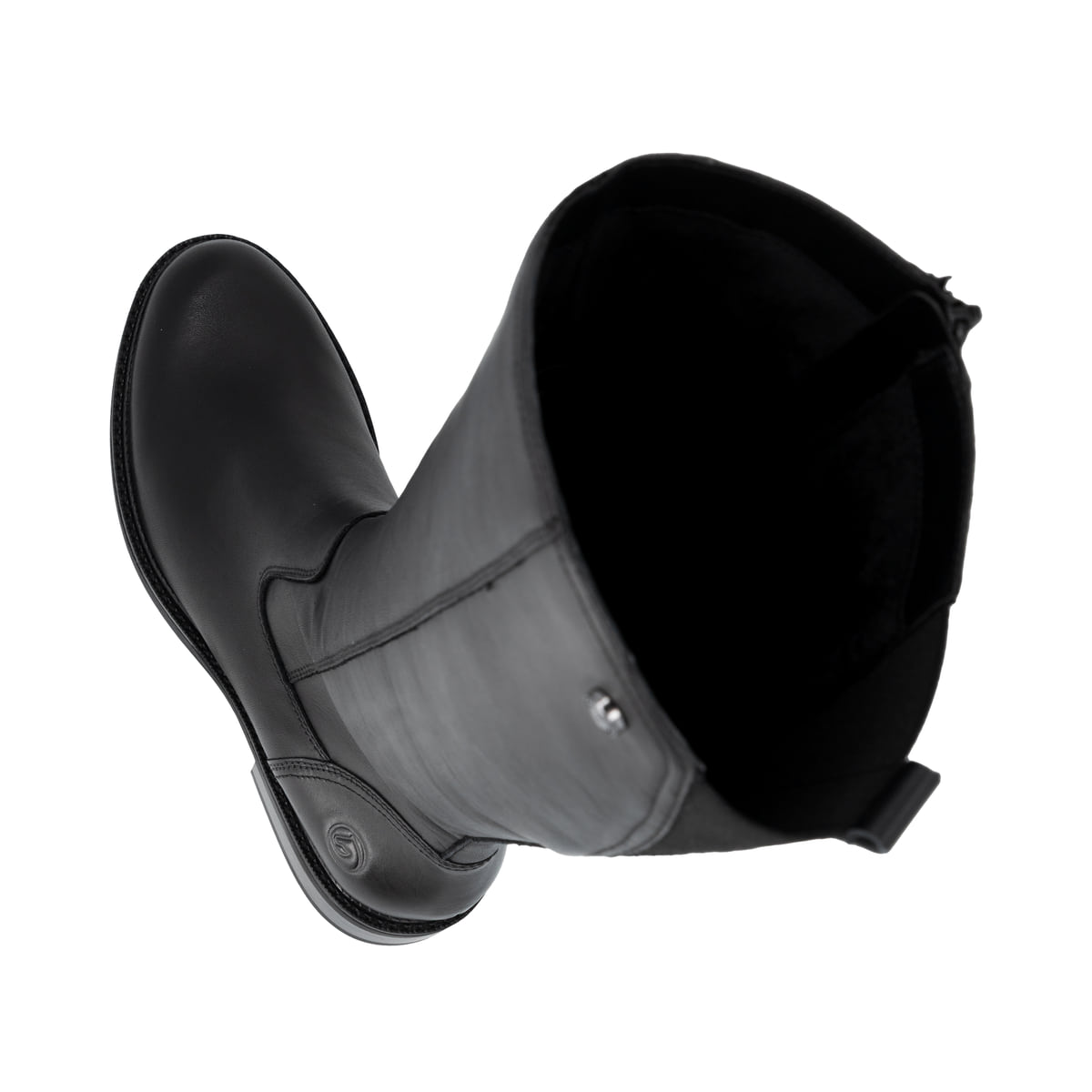 Bottes cuissardes remonte noires femmes D2W79-00 avec fermeture éclair. Chaussure vue de dessus, couchée.