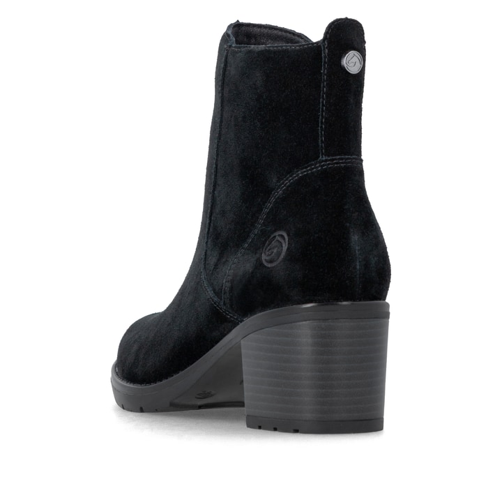 Schwarze remonte Damen Stiefeletten D2A81-02 mit einem Reißverschluss. Schuh von hinten.