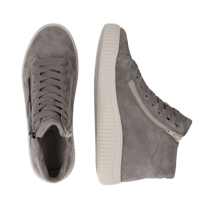 Baskets basses remonte grises femmes D3E70-42 avec membrane remonteTEX. Chaussure vue de dessus, couchée.
