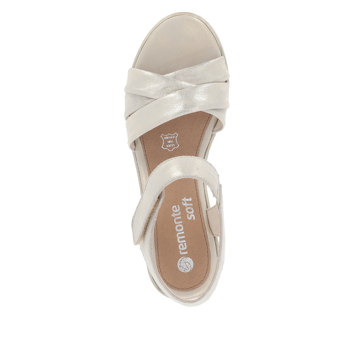 Goldene remonte Keilsandaletten D1P51-90 mit einem Klettverschluss. Schuh von oben.