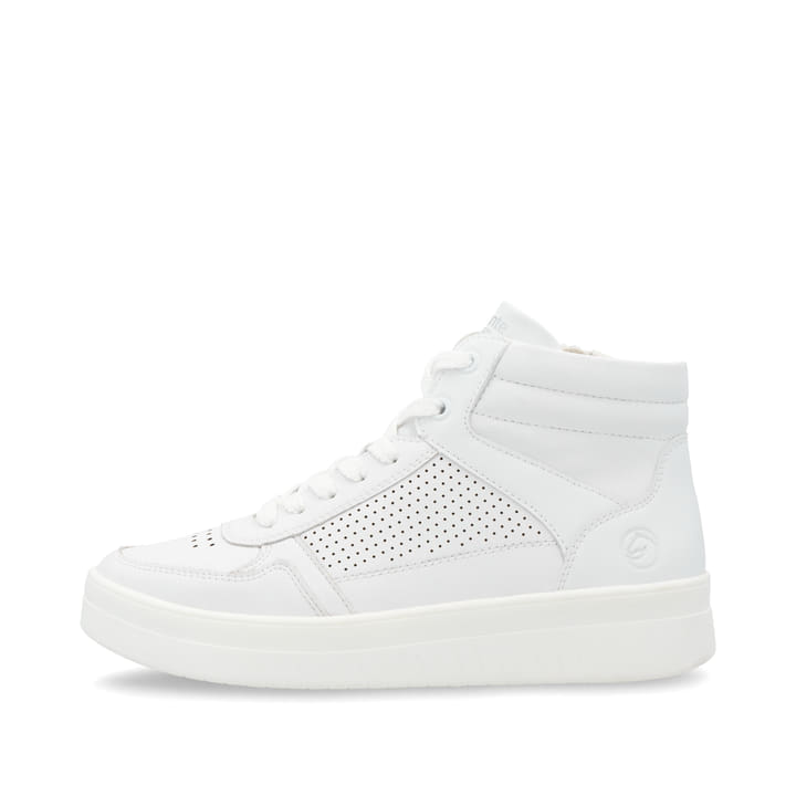 Weiße remonte Damen Sneaker High D0J70-84 mit einem Reißverschluss. Schuh Außenseite.