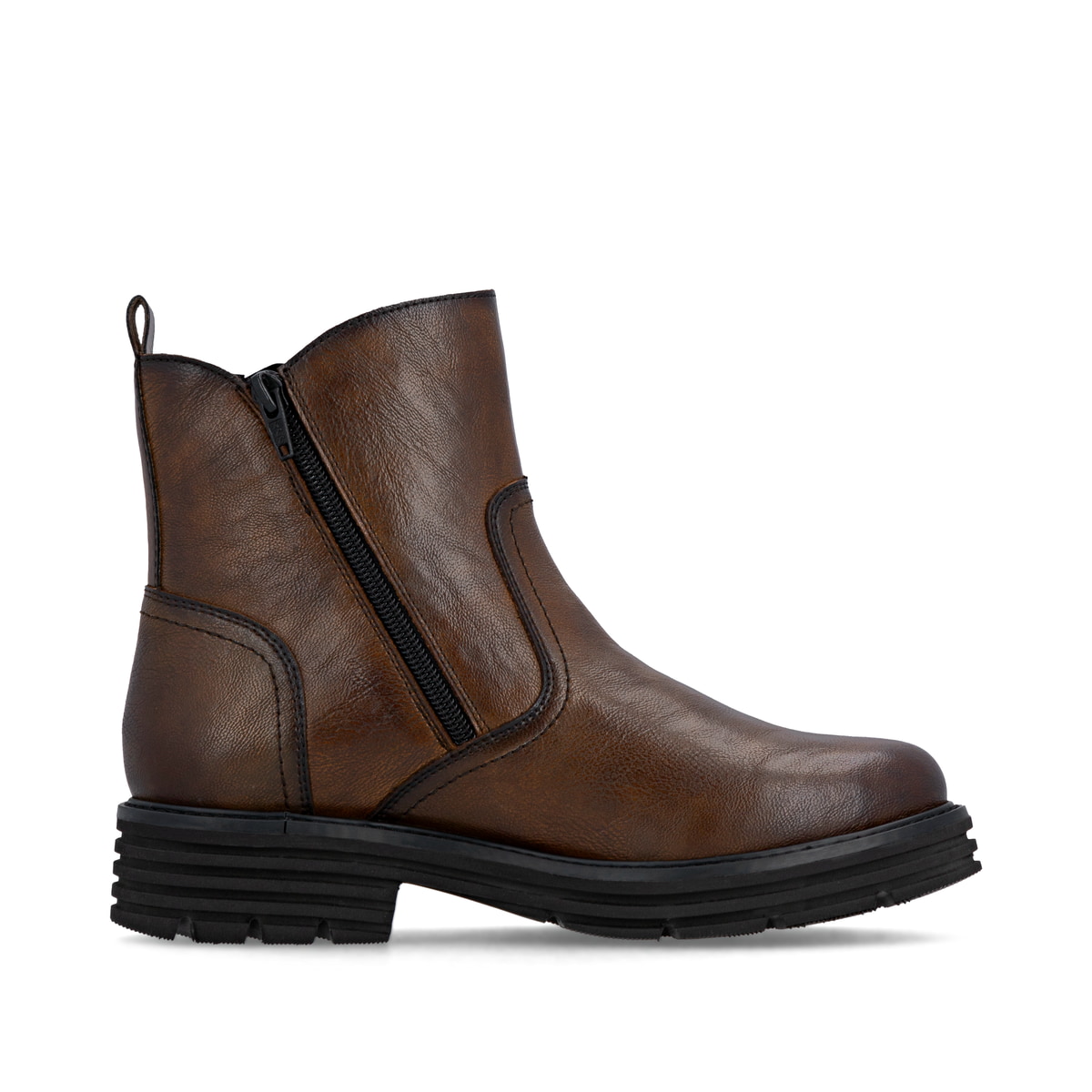 Dunkelbraune remonte Damen Stiefeletten D3A70-25 mit einem Reißverschluss. Schuh Innenseite.