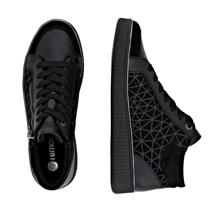 Schwarze remonte Damen Sneaker D2E70-00 mit Reißverschluss sowie Komfortweite G. Schuh von oben, liegend.
