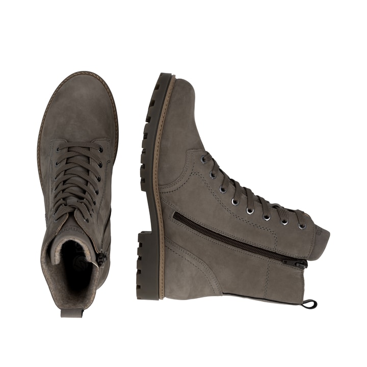Graue remonte Damen Schnürstiefel D8489-42 mit wasserabweisender TEX-Membran. Schuh von oben, liegend.