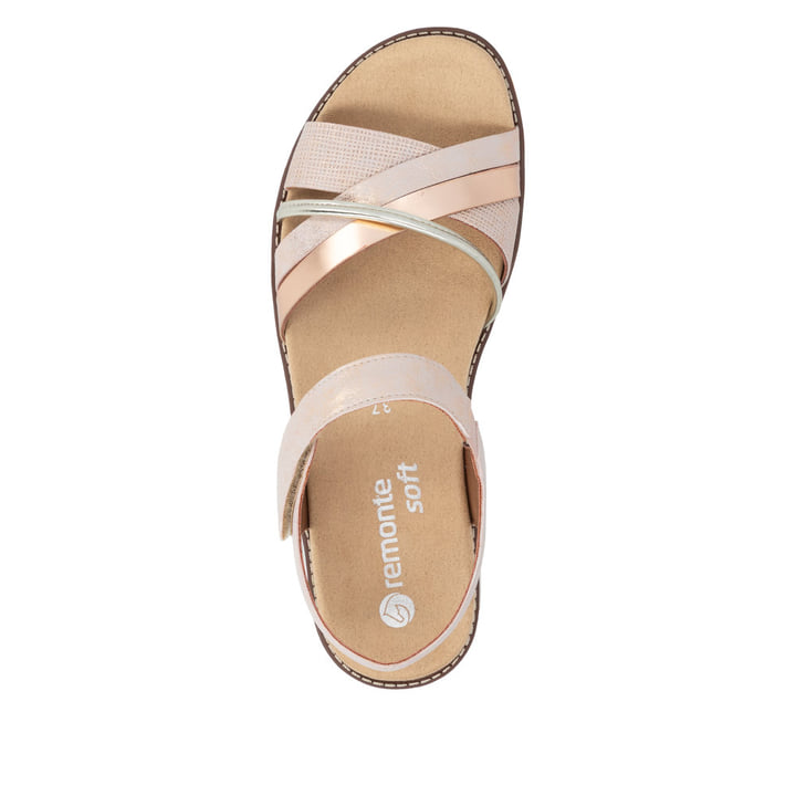 Rosafarbene vegane remonte Riemchensandalen D2058-31 mit einem Klettverschluss. Schuh von oben.