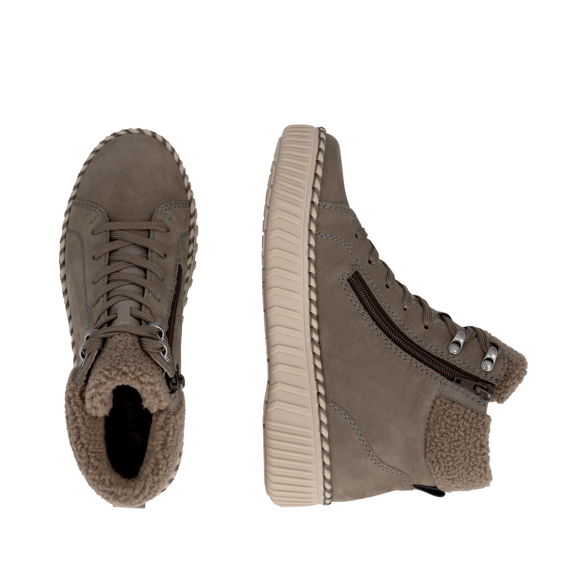 Graue remonte Damen Schnürstiefel D4A74-42 mit wasserabweisender TEX-Membran. Schuh von oben, liegend.