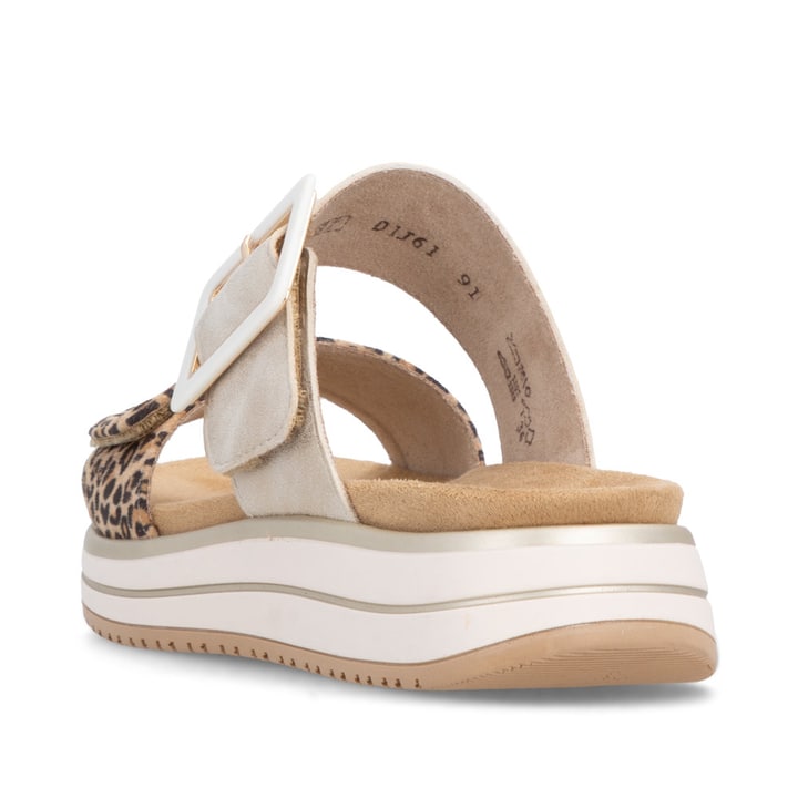 Goldene vegane remonte Damen Pantoletten D1J61-91 mit angesagtem Animal-Print. Schuh von hinten.