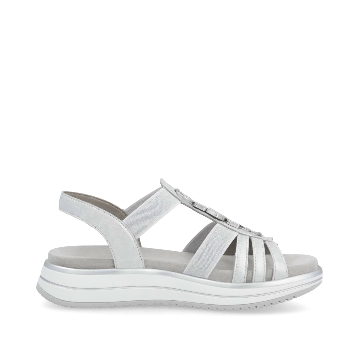 Silberne vegane remonte Riemchensandalen D1J60-90 mit einem Gummizug. Schuh Innenseite.