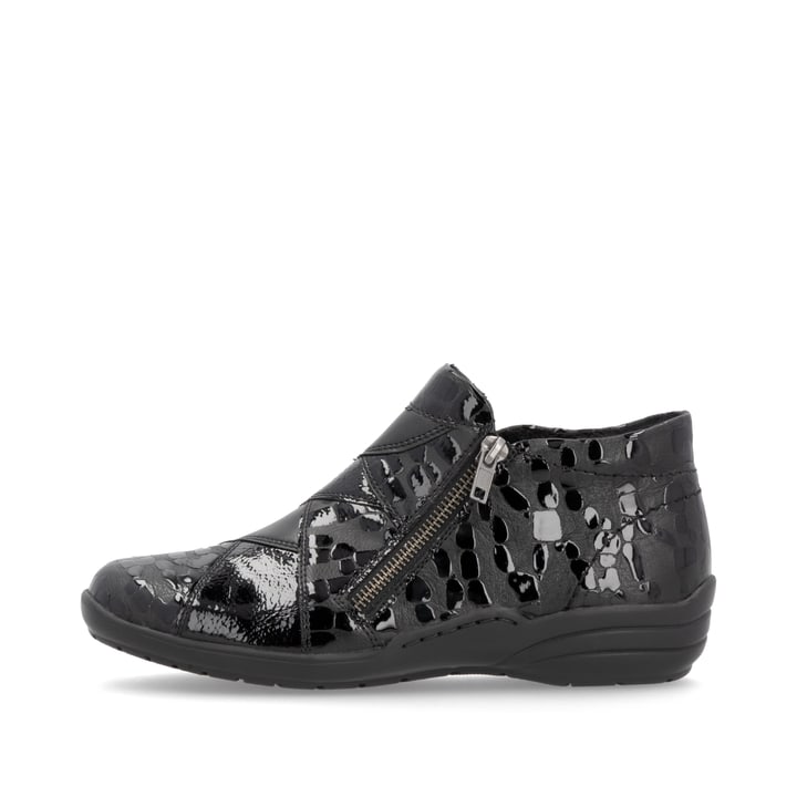 Schwarze remonte Damen Kurzstiefel R7674-04 mit einem Reißverschluss. Schuh Außenseite.