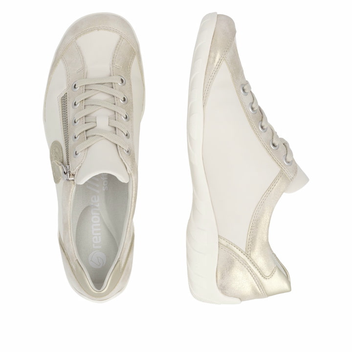 Beige vegane remonte Damen Schnürschuhe R3408-61 mit einem Reißverschluss. Schuh von oben, liegend.