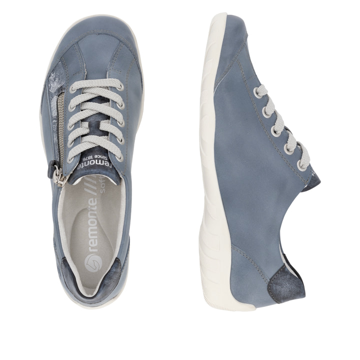 Blaue remonte Damen Schnürschuhe R3412-14 mit einem Reißverschluss. Schuh von oben, liegend.